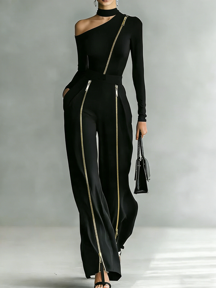 Urban Minimalist Irregular Off Shoulder Zipper Set