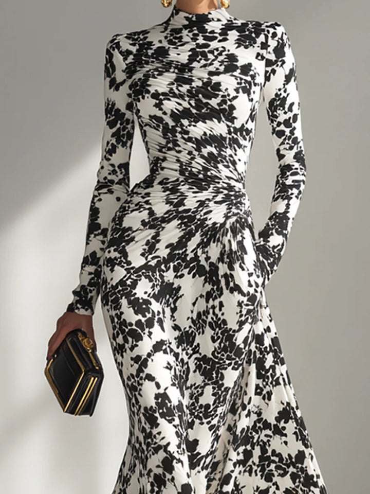 Black And White Patterned Stretch Blend Wrap Dress