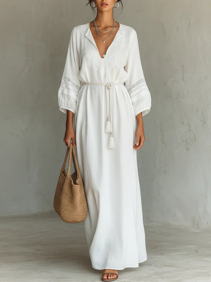 White Cotton Blend Lace V-neck Belted Maxi Dress