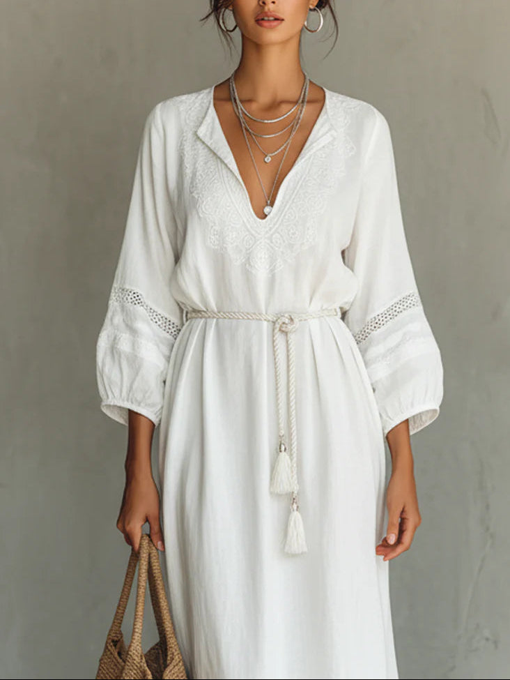 White Cotton Blend Lace V-neck Belted Maxi Dress