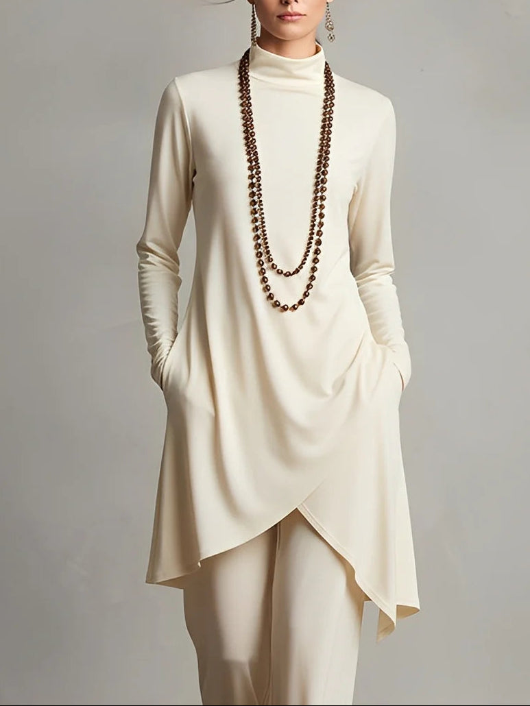 High Neck Asymmetrical Hem Top and Trousers Set