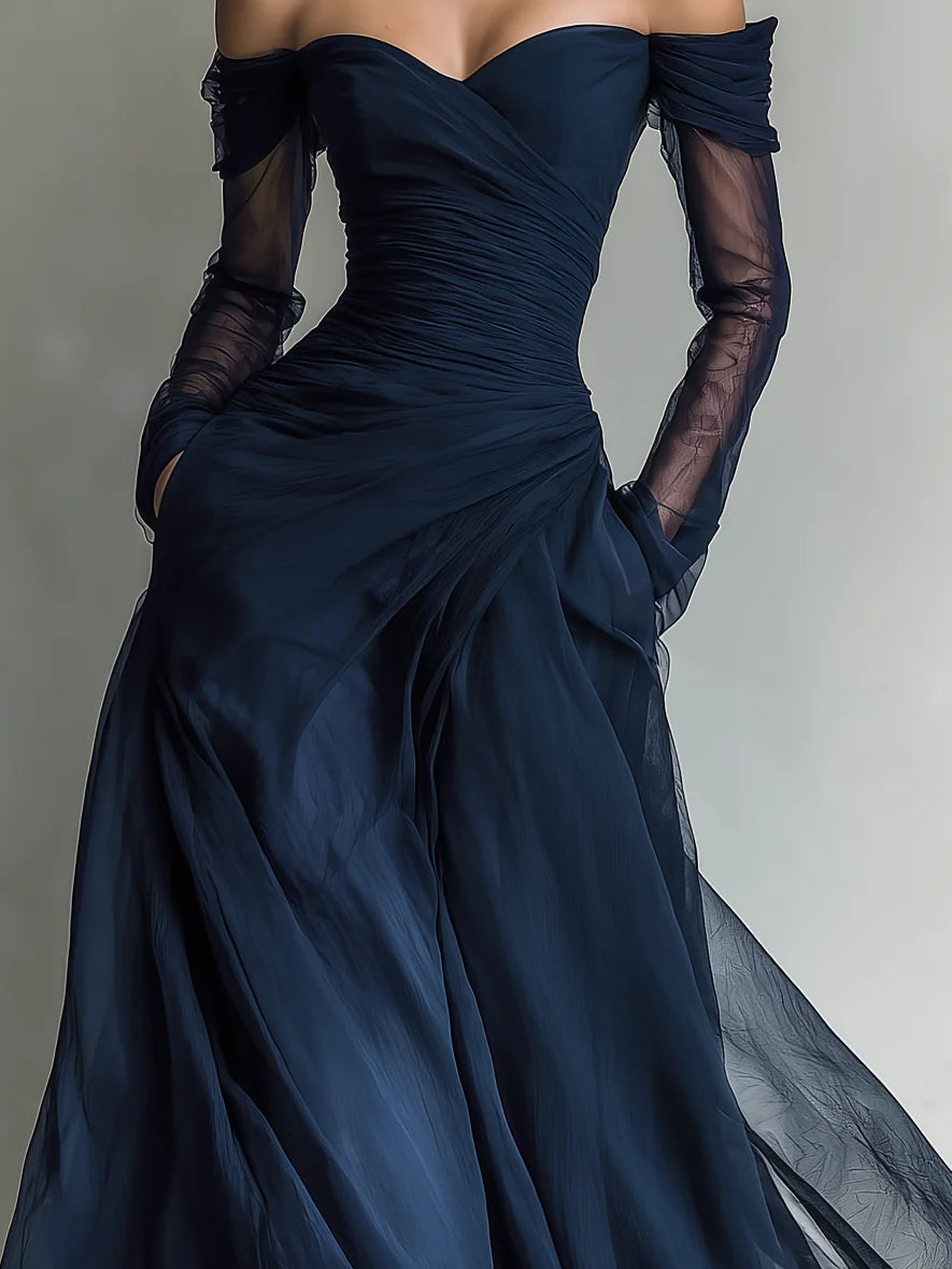 Elegant Navy Organza Off Shoulder Fitted Maxi Dress