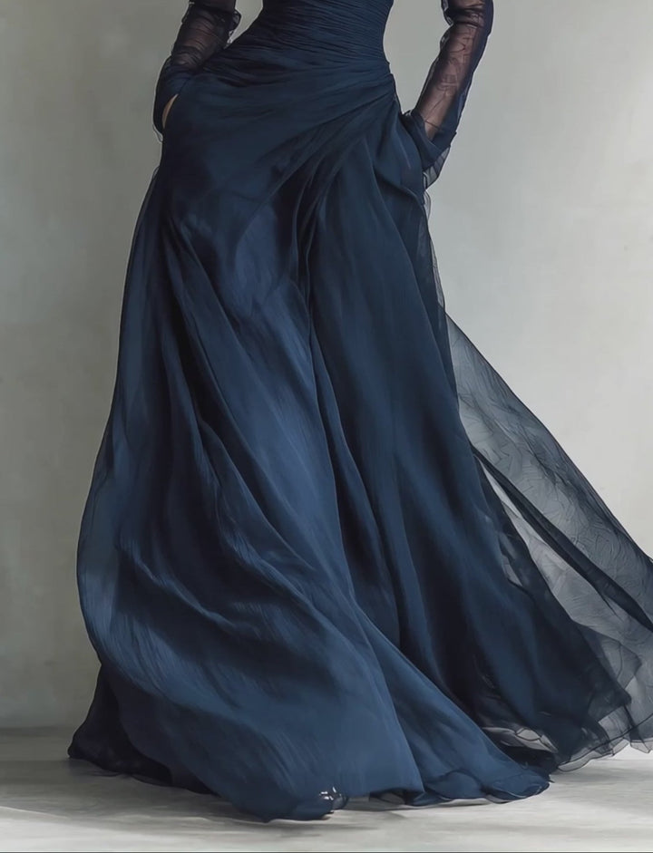 Elegant Navy Organza Off Shoulder Fitted Maxi Dress
