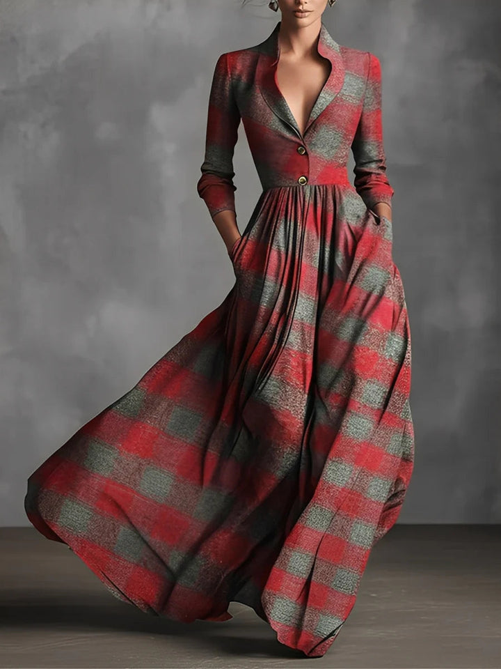 Red and Gray Plaid Maxi Dress with a Suit Collar