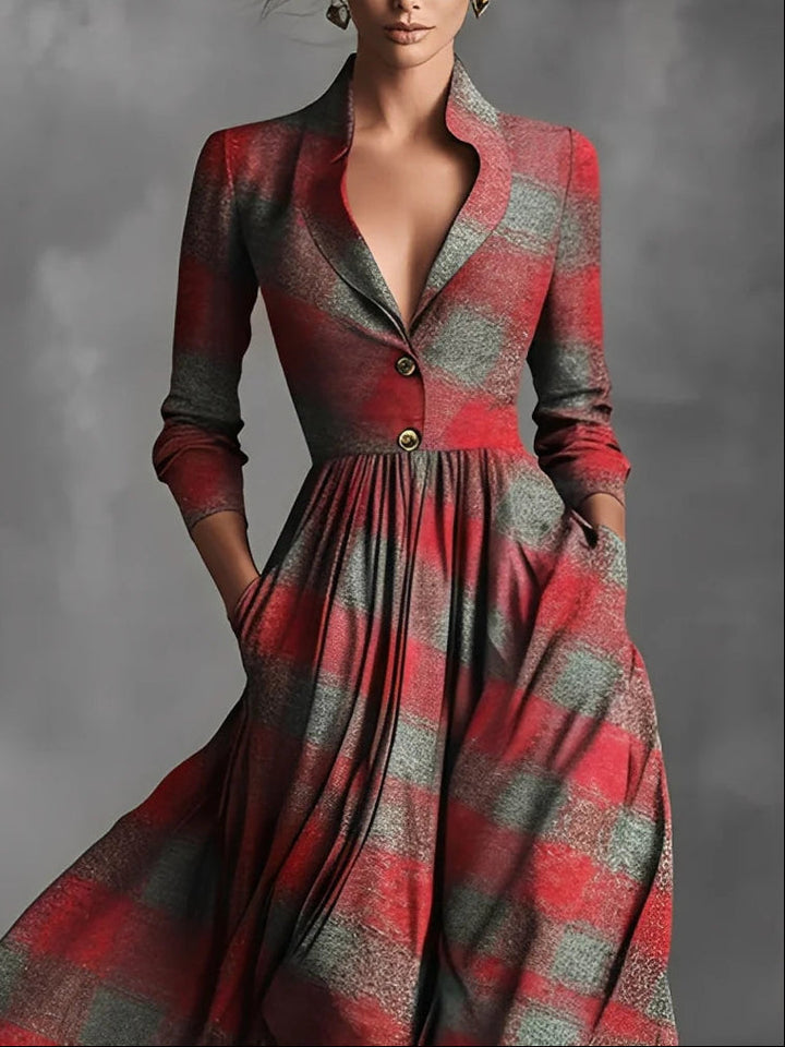 Red and Gray Plaid Maxi Dress with a Suit Collar