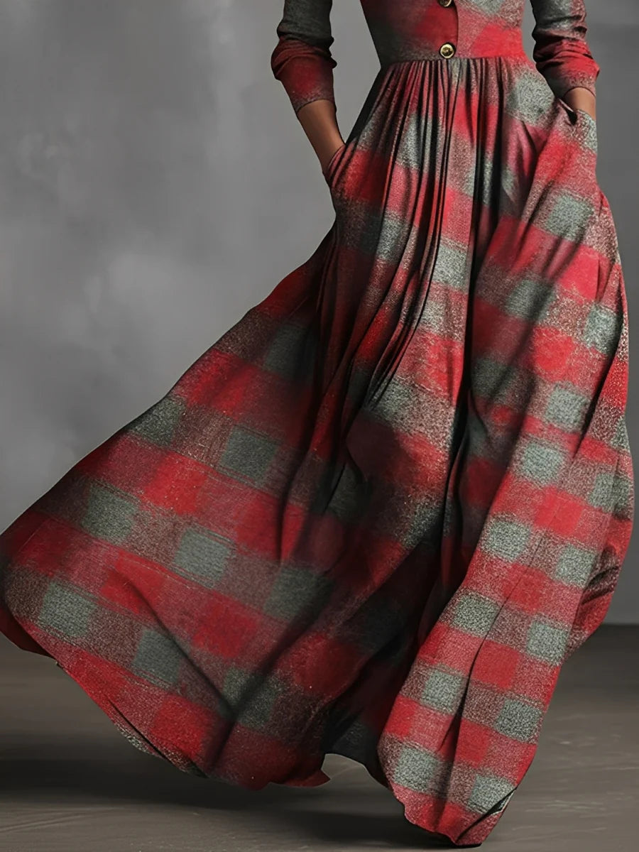Red and Gray Plaid Maxi Dress with a Suit Collar