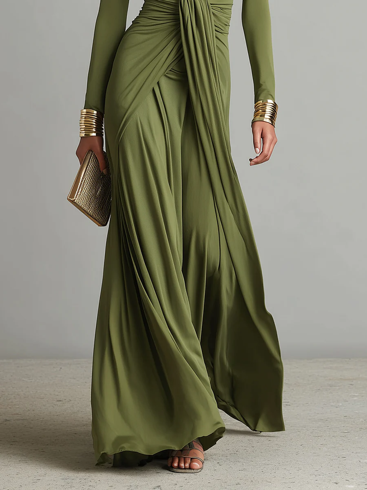 Olive Green Deep V-neck Pleated Glamorous Maxi Dress