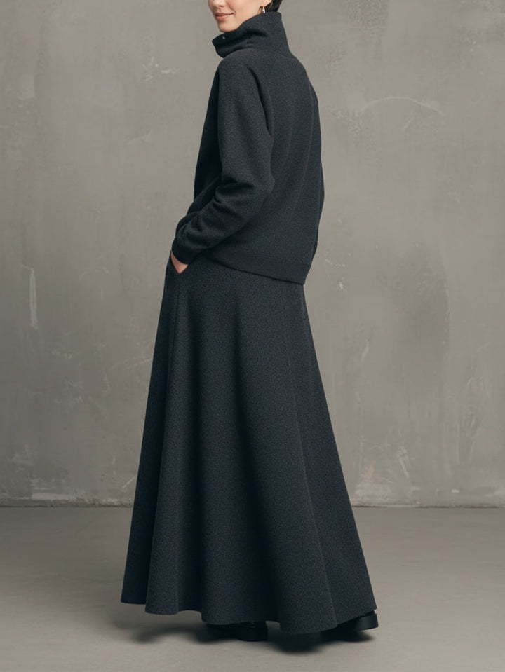 Charcoal Gray Air-layer High-neck Top And Flared Long Skirt Set