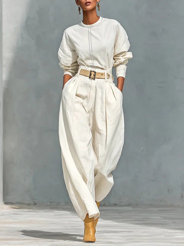 Off-white Crew Neck Long-sleeved Shirt And Loose-fitting Trousers Suit (with belt)
