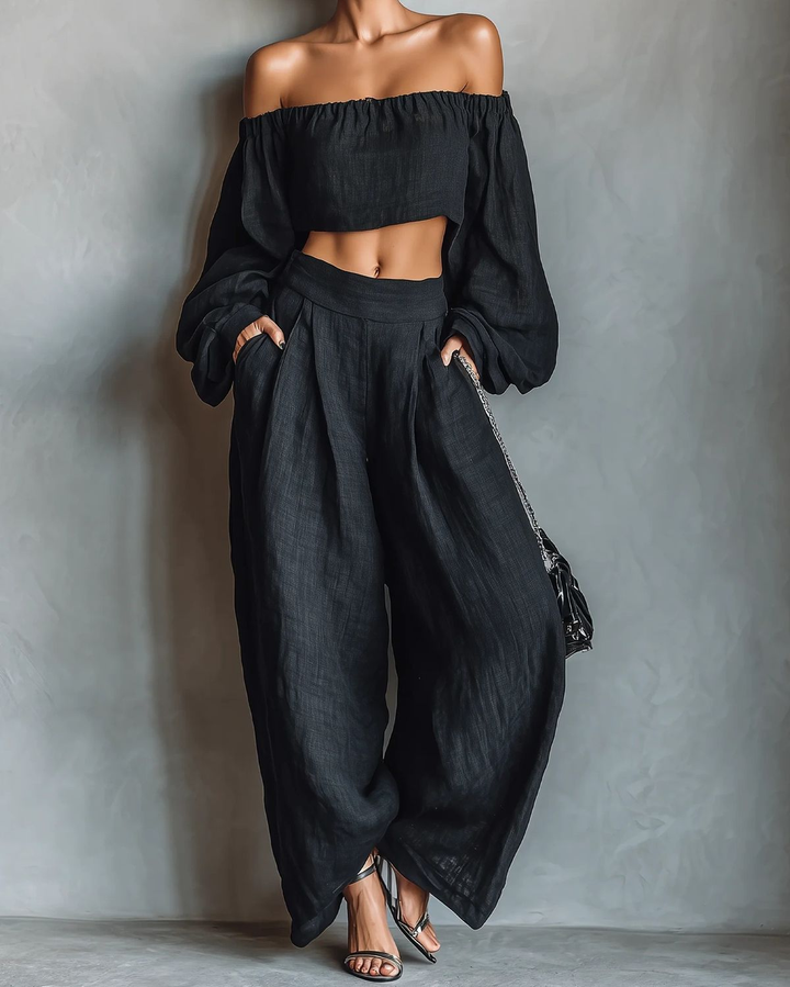 Black Off The Shoulder Long Sleeved Top And Wide Leg Pants Set
