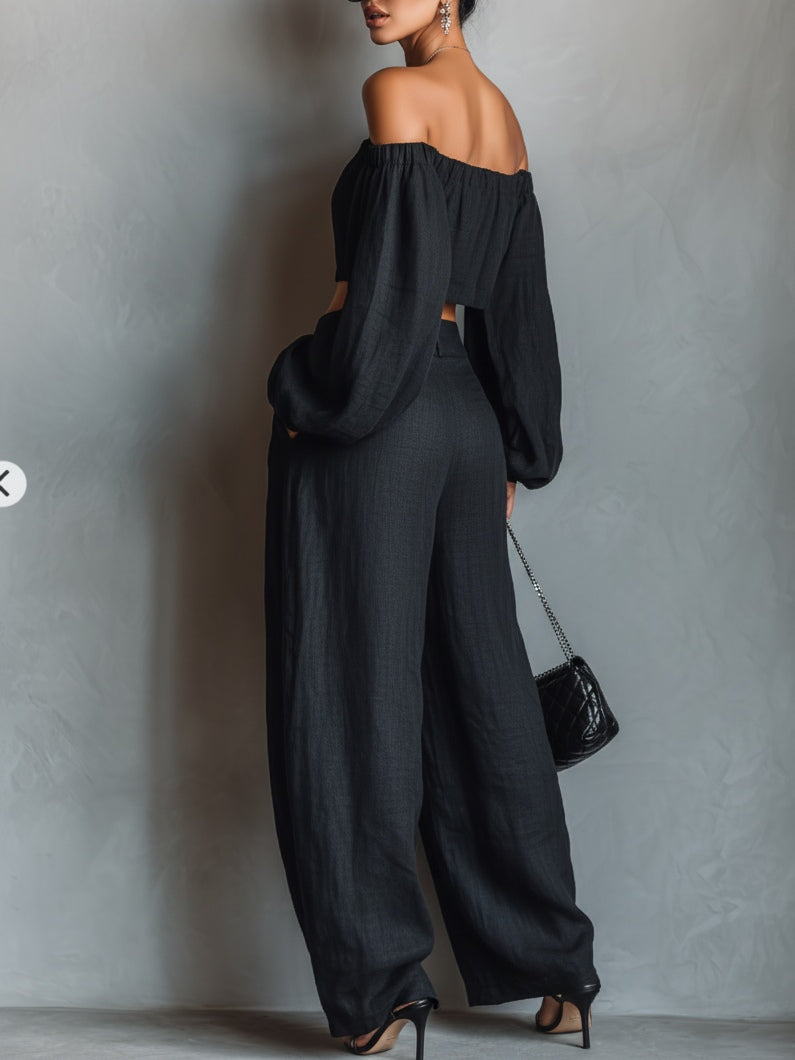 Black Off The Shoulder Long Sleeved Top And Wide Leg Pants Set