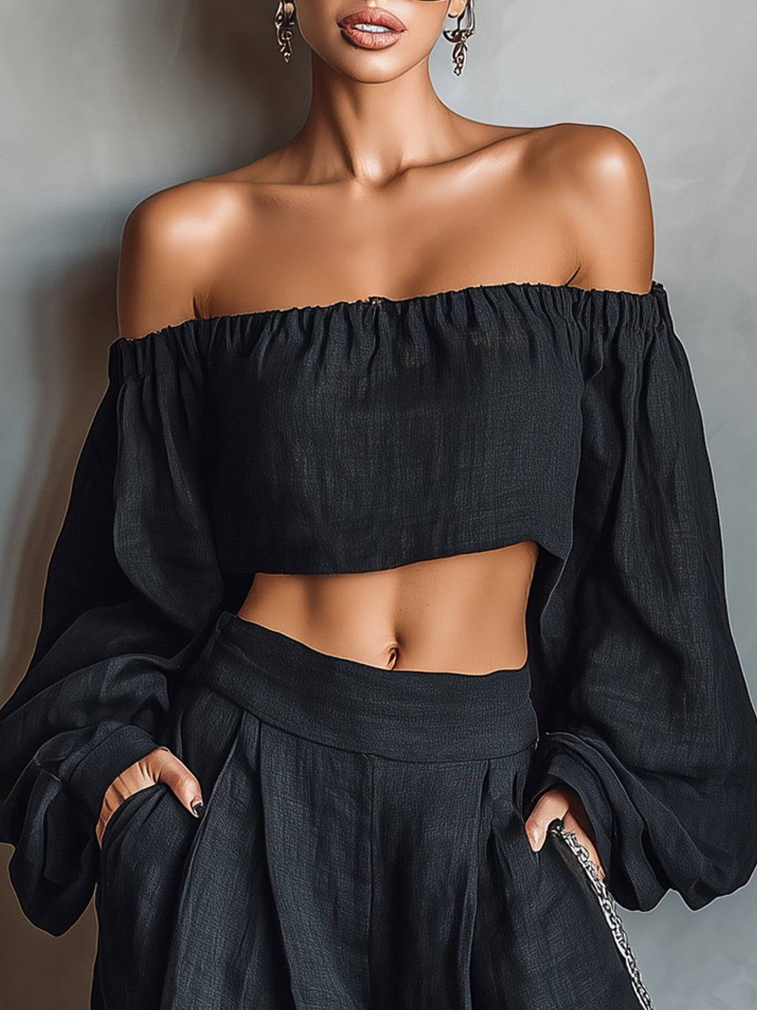 Black Off The Shoulder Long Sleeved Top And Wide Leg Pants Set