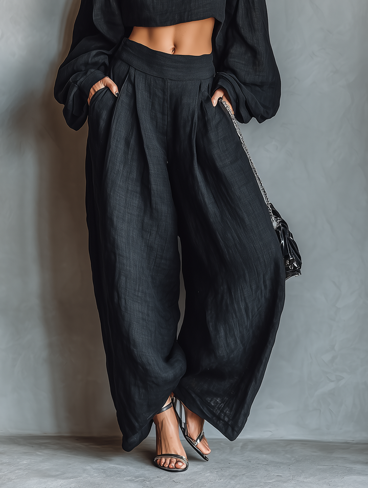 Black Off The Shoulder Long Sleeved Top And Wide Leg Pants Set