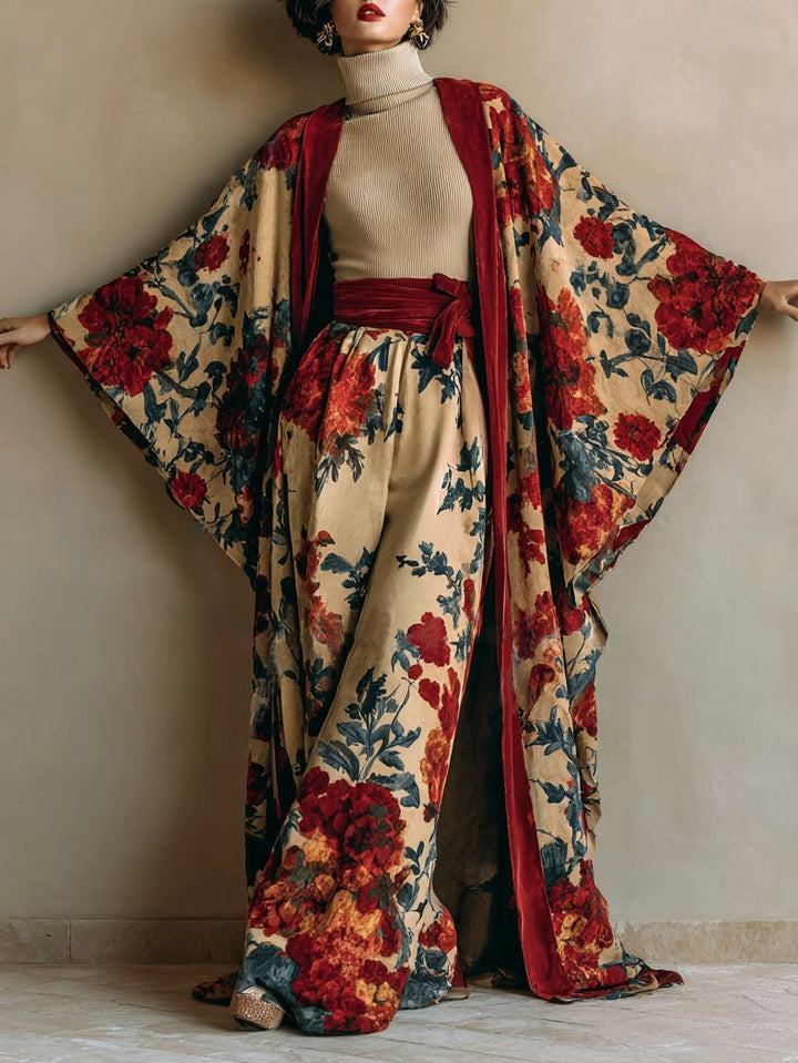 Red Velvet Floral Print Long Coat And Wide-leg Trouser Suit
