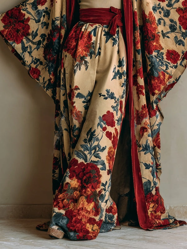Red Velvet Floral Print Long Coat And Wide-leg Trouser Suit