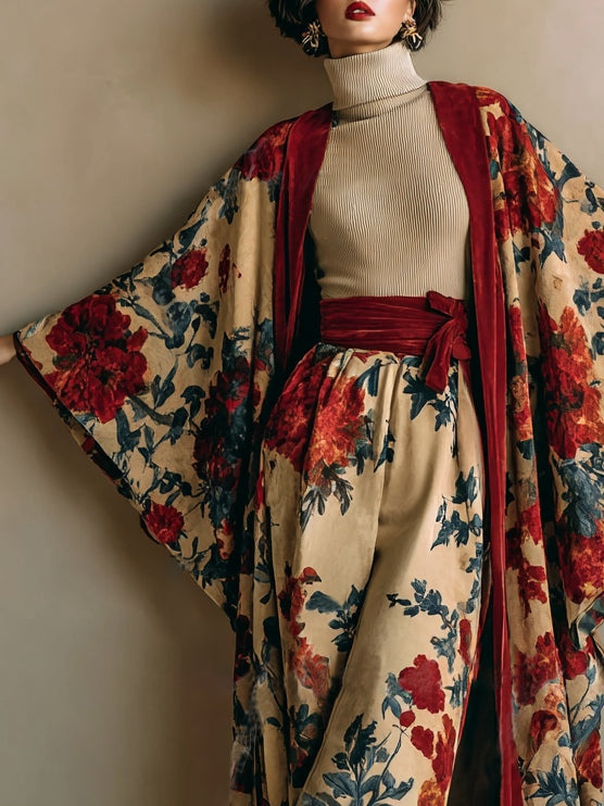 Red Velvet Floral Print Long Coat And Wide-leg Trouser Suit