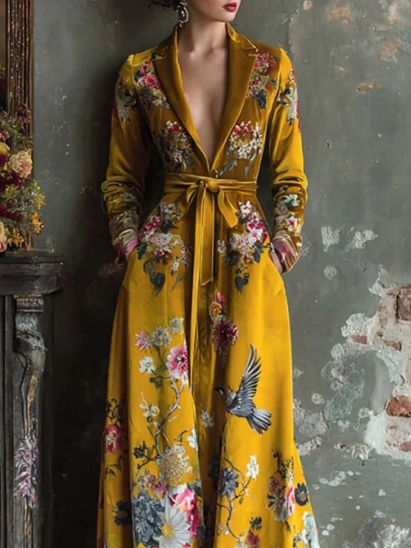 Yellow Velvet Floral Print Lapel Maxi Dress (with belt)