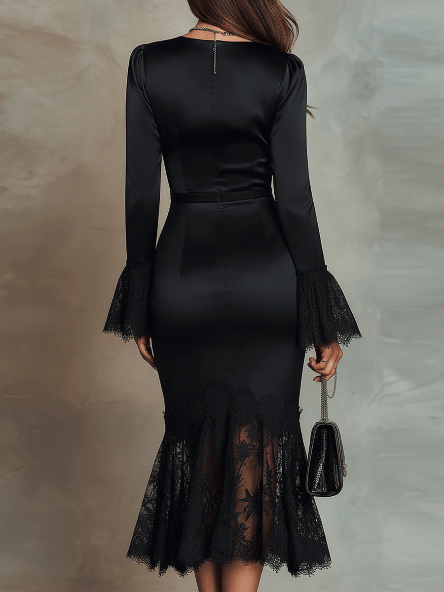 Elegant Black Lace-Panel Flare-Sleeve Midi Dress
