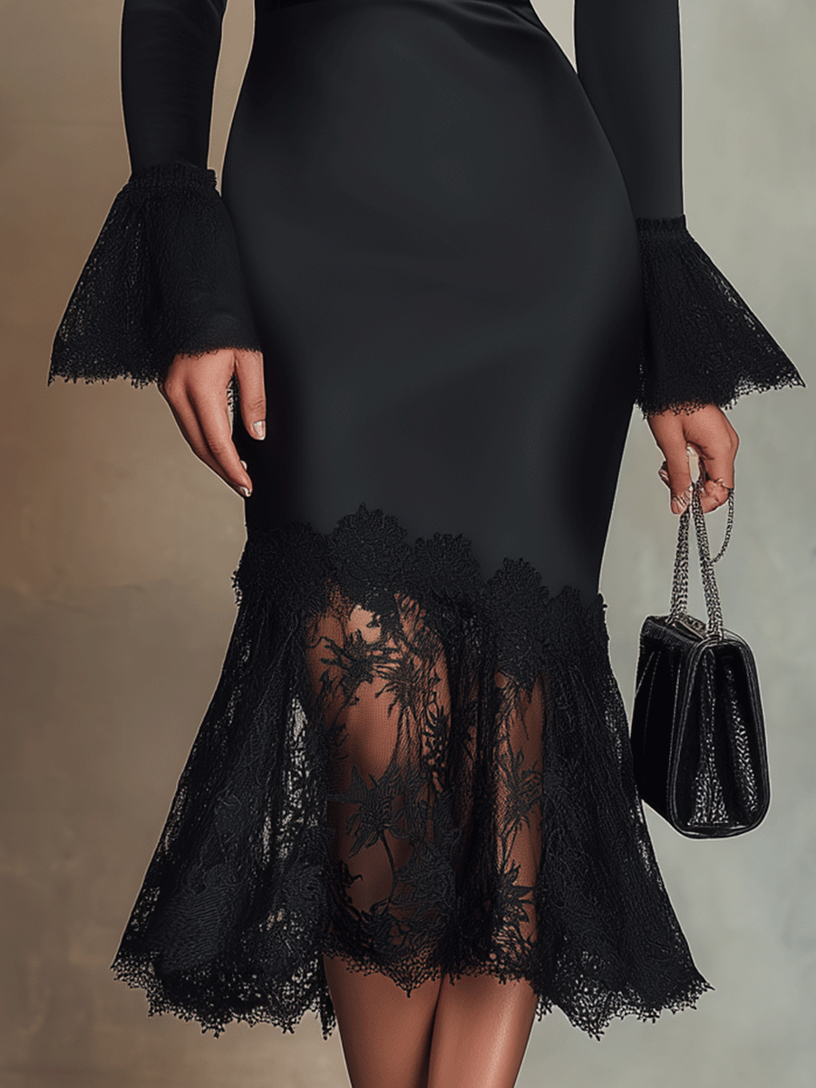 Elegant Black Lace-Panel Flare-Sleeve Midi Dress