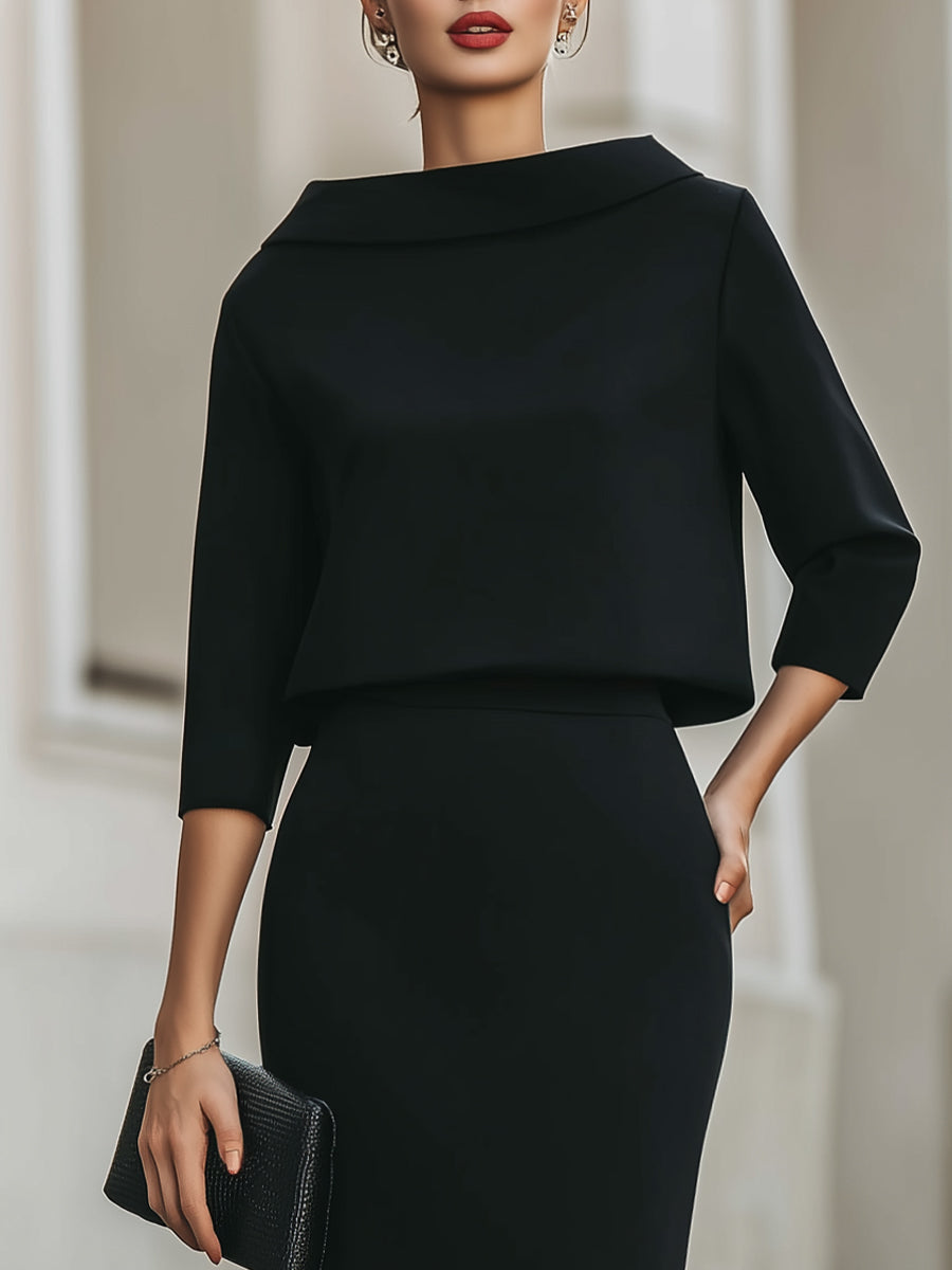 Black Boat Neck Top And Midi Skirt Two Piece Set