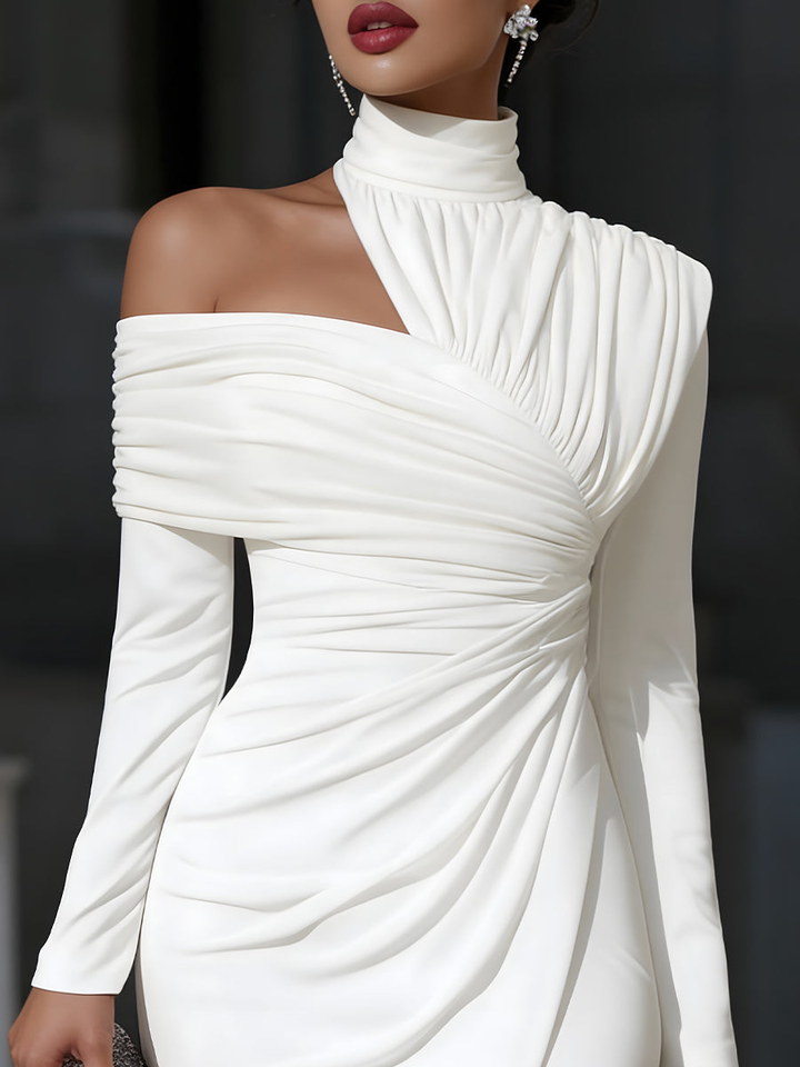 White Asymmetric Draped High Neck One Shoulder Midi Dress