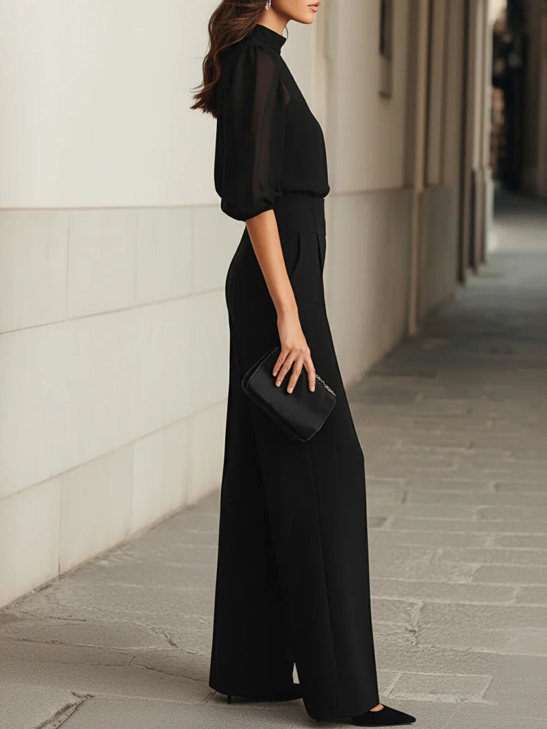 Black Sheer Camisole Top and Wide Leg Pants Three-piece Set