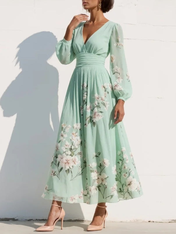 Light Green V-Neck Chiffon Pleated Floral Midi Dress