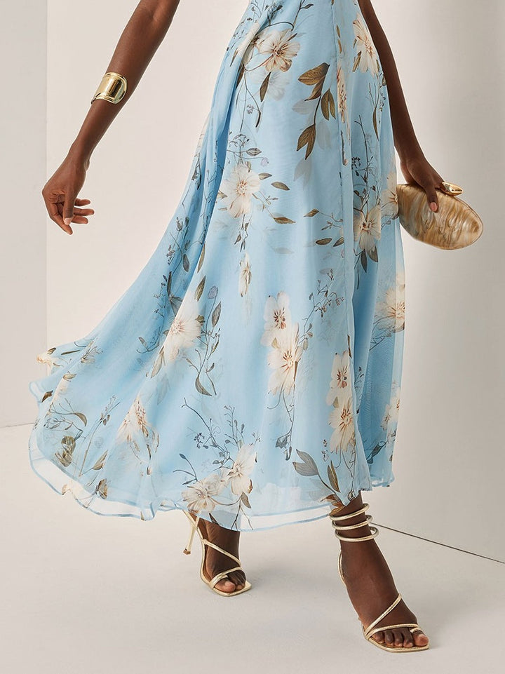 Light Blue Floral Pleated Chiffon One-shoulder Maxi Dress