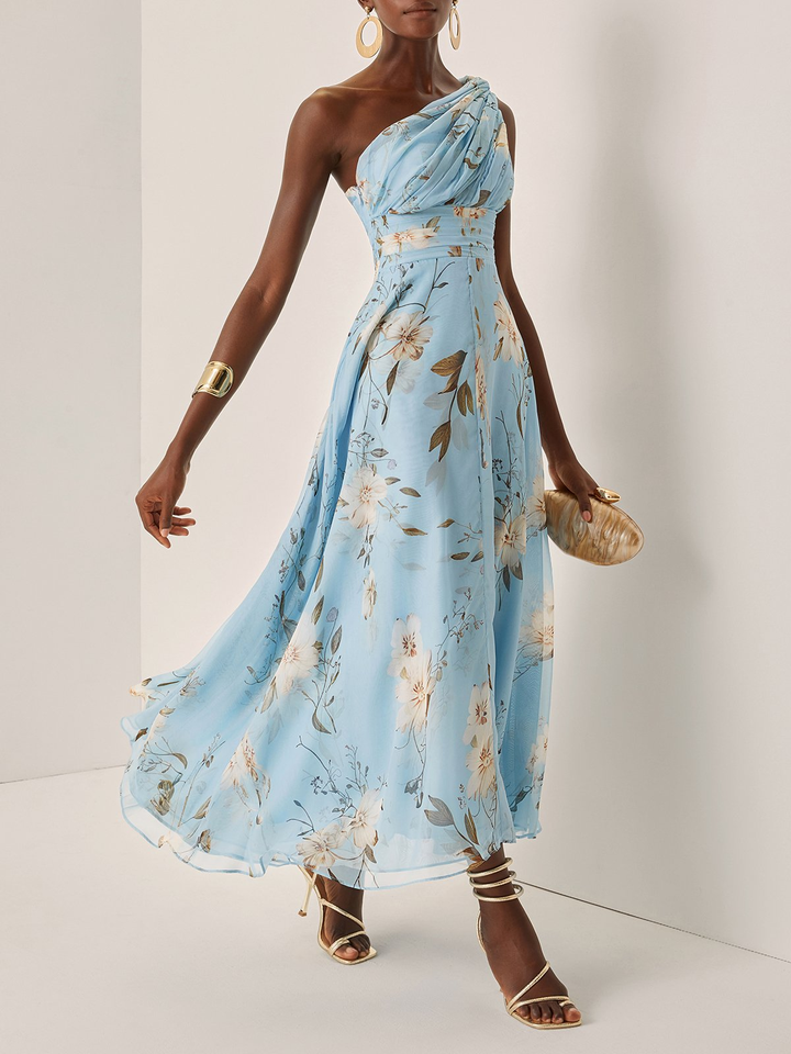 Light Blue Floral Pleated Chiffon One-shoulder Maxi Dress
