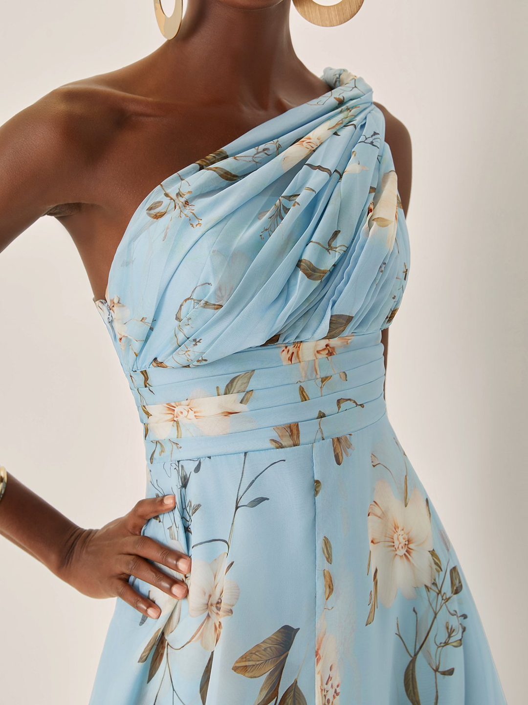 Light Blue Floral Pleated Chiffon One-shoulder Maxi Dress
