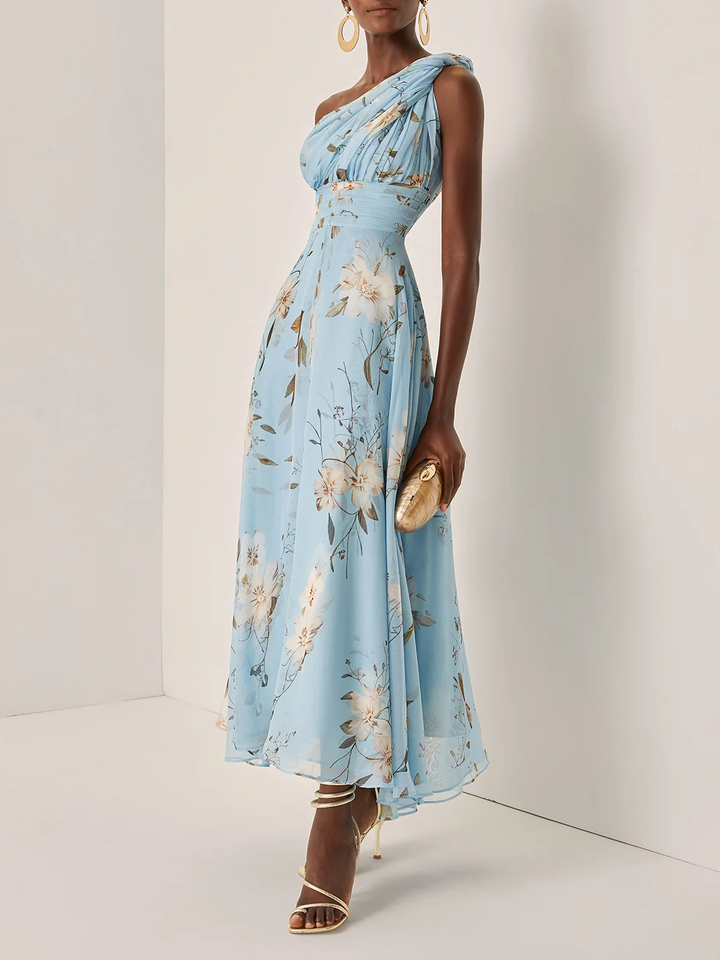 Light Blue Floral Pleated Chiffon One-shoulder Maxi Dress