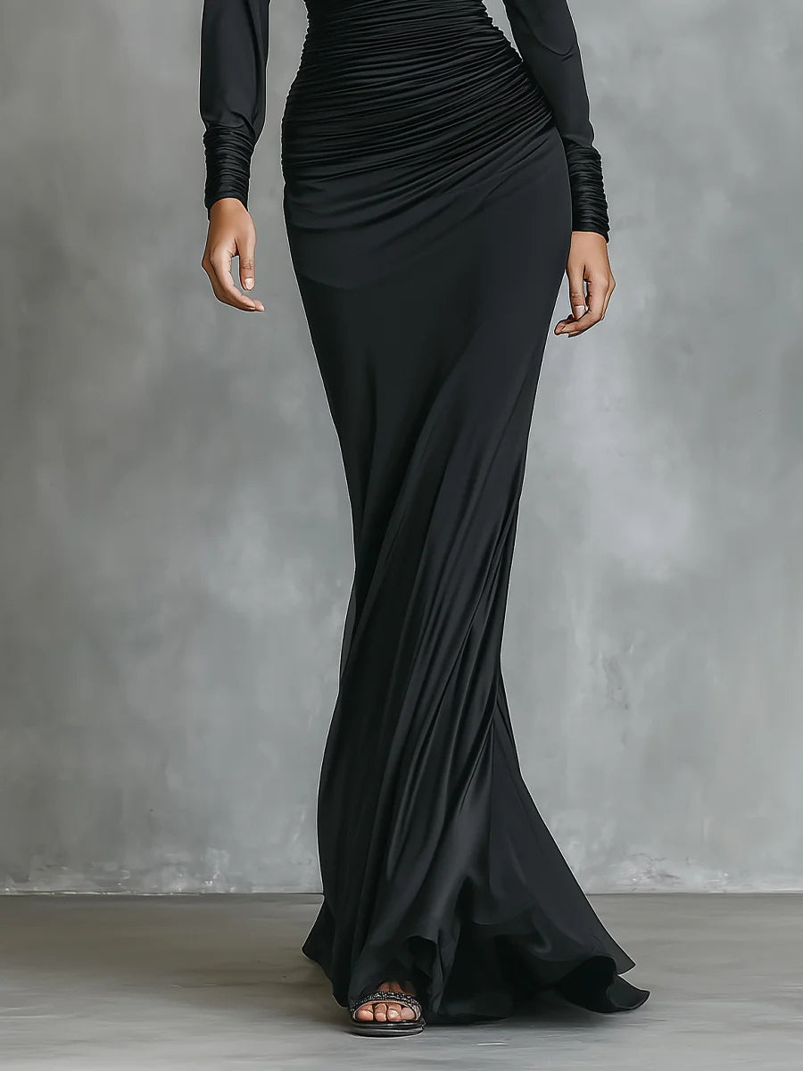 Black Elegant Satin One Shoulder Ruched Mermaid Maxi Dress
