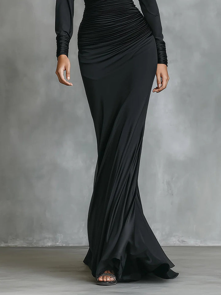 Black Elegant Satin One Shoulder Ruched Mermaid Maxi Dress