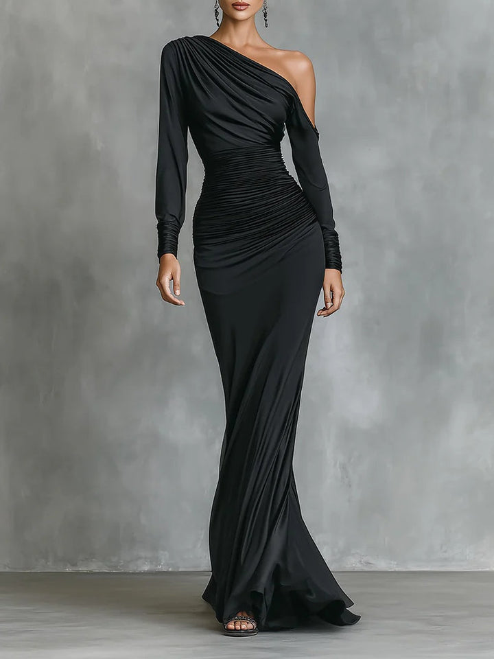 Black Elegant Satin One Shoulder Ruched Mermaid Maxi Dress