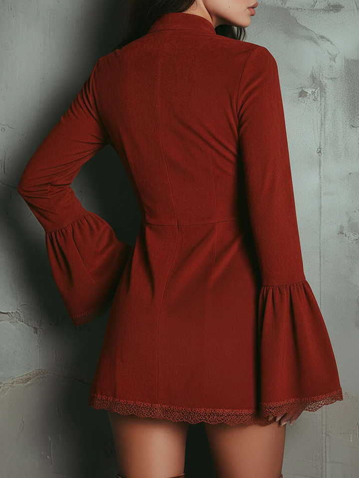 Vintage Rust Red Bell Sleeve Embroidered Faux Suede Lace Mini Dress