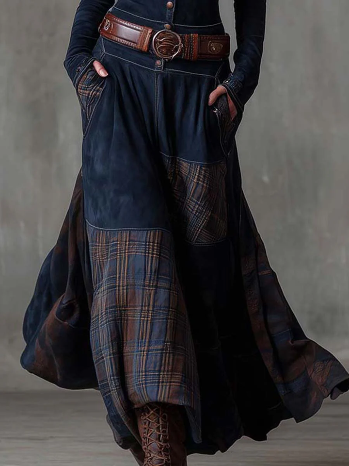 Vintage Suede Maxi Dress with Plaid Panels