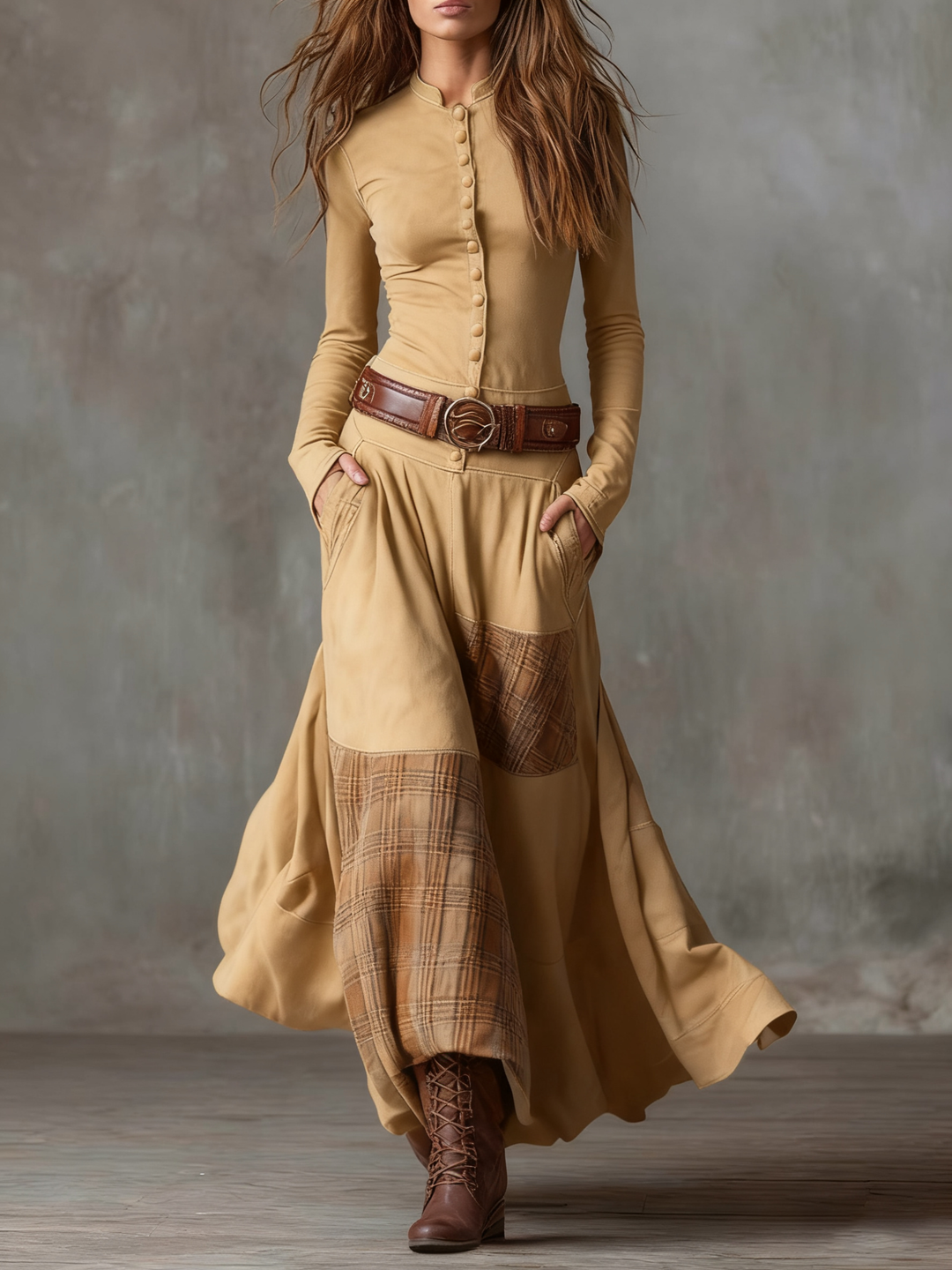 Vintage Suede Maxi Dress with Plaid Panels