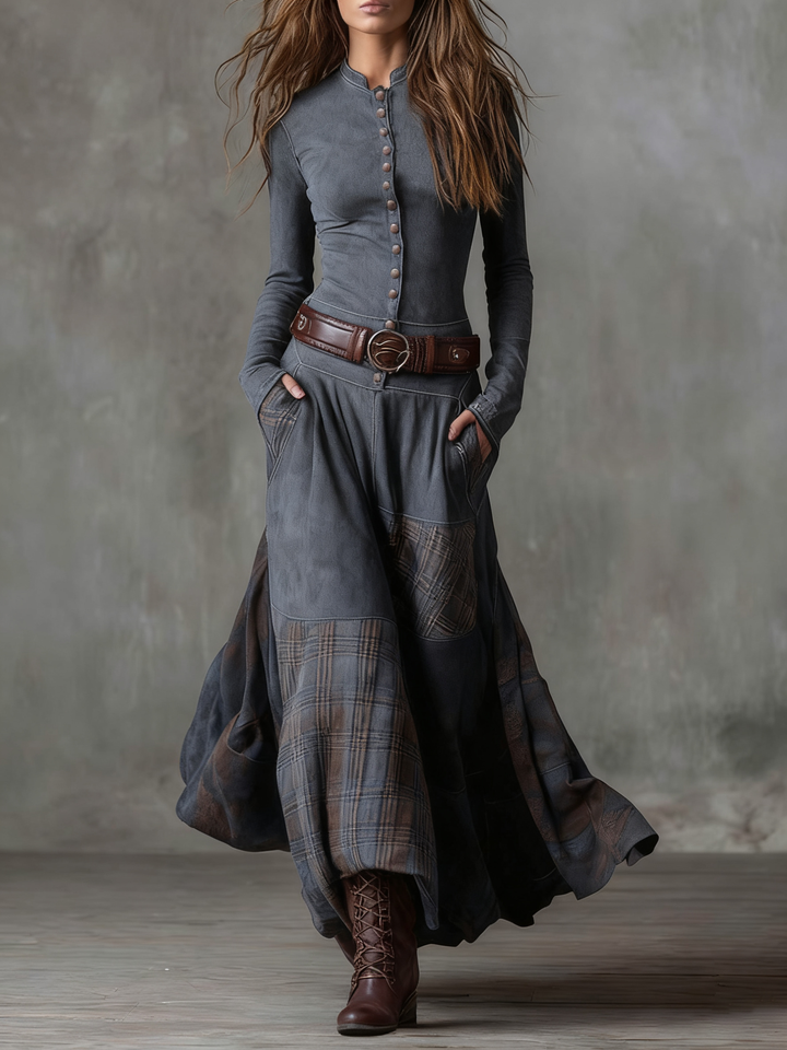 Vintage Suede Maxi Dress with Plaid Panels