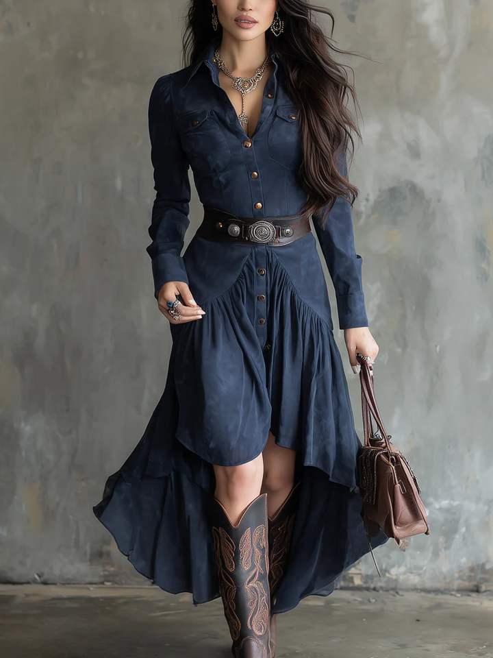 Retro Blue Lapel Button Pocket Irregular Flowy Midi Dress (With belt)