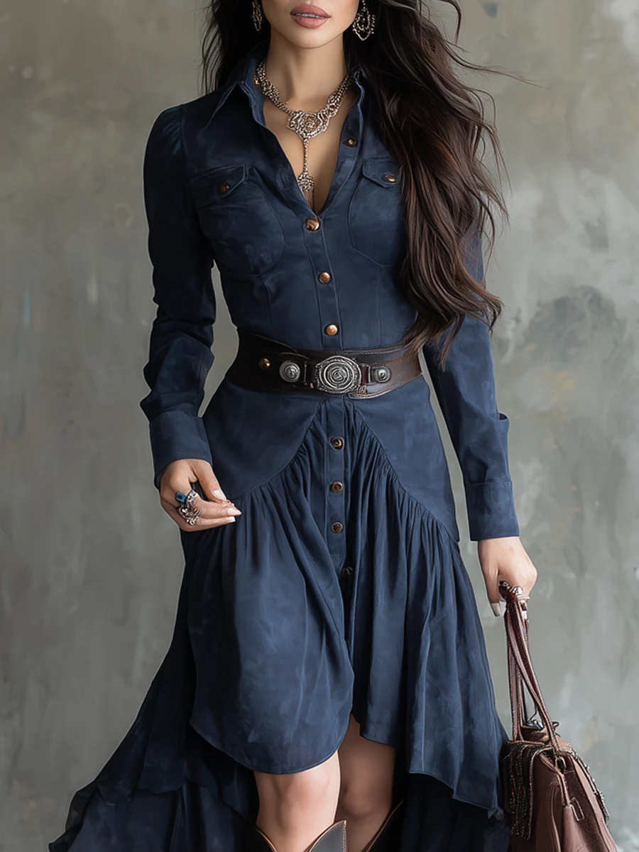 Retro Blue Lapel Button Pocket Irregular Flowy Midi Dress (With belt)