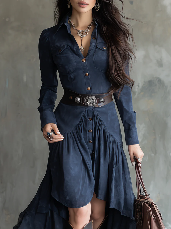 Retro Blue Lapel Button Pocket Irregular Flowy Midi Dress (With belt)