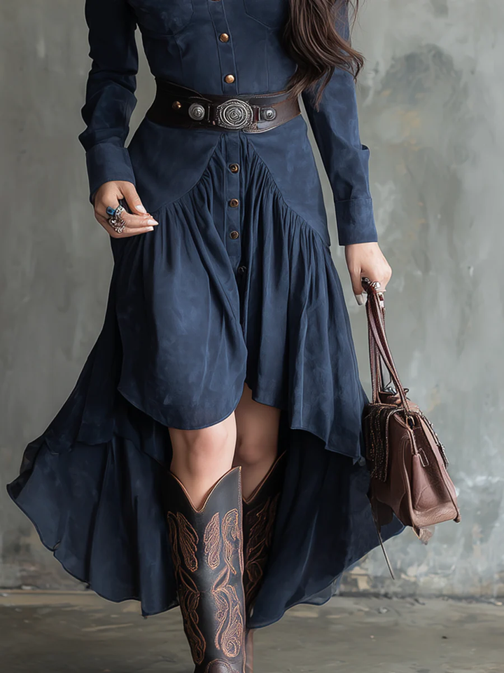 Retro Blue Lapel Button Pocket Irregular Flowy Midi Dress (With belt)