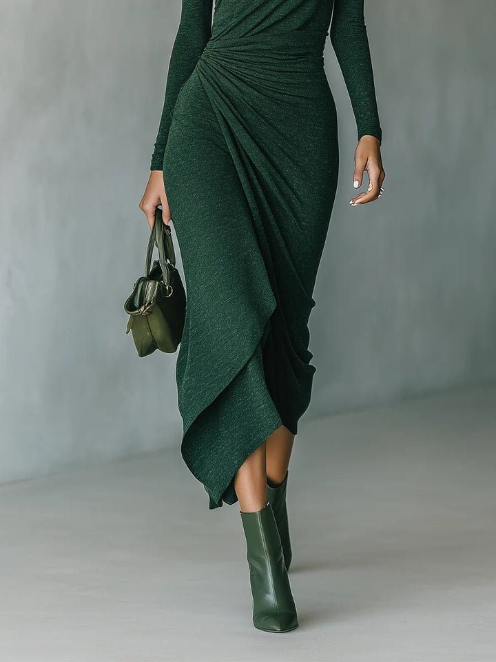 Dark Green Turtleneck Pleated Irregular Wrap Midi Dress
