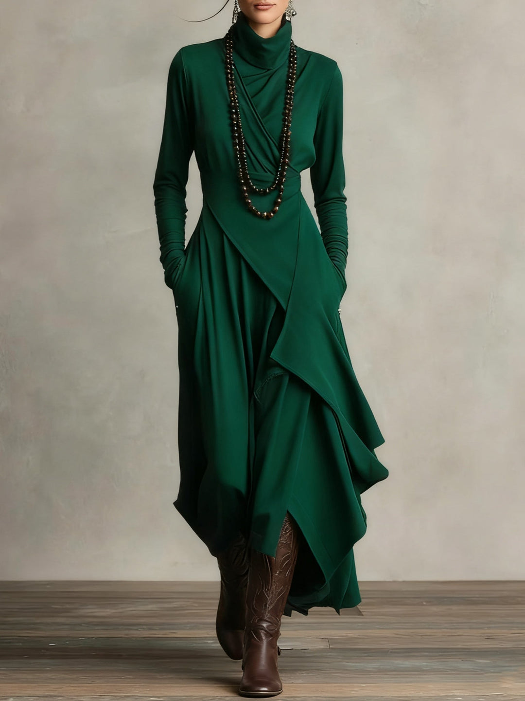 Aurelia | Asymmetrical Pleated Maxi Dress with High Collar