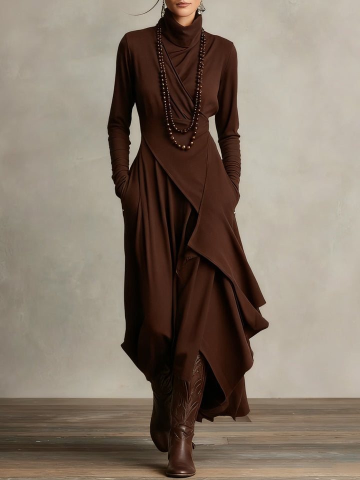 Aurelia | Asymmetrical Pleated Maxi Dress with High Collar