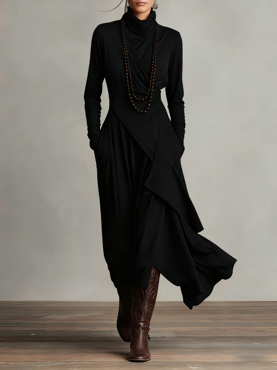 Aurelia | Asymmetrical Pleated Maxi Dress with High Collar