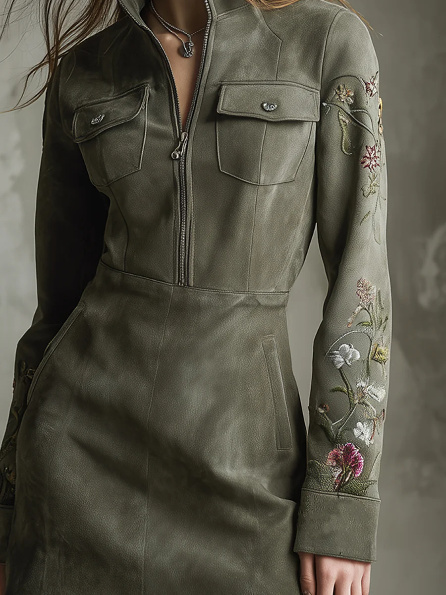 Green Embroidered Faux Suede Half-zip Mini Dress