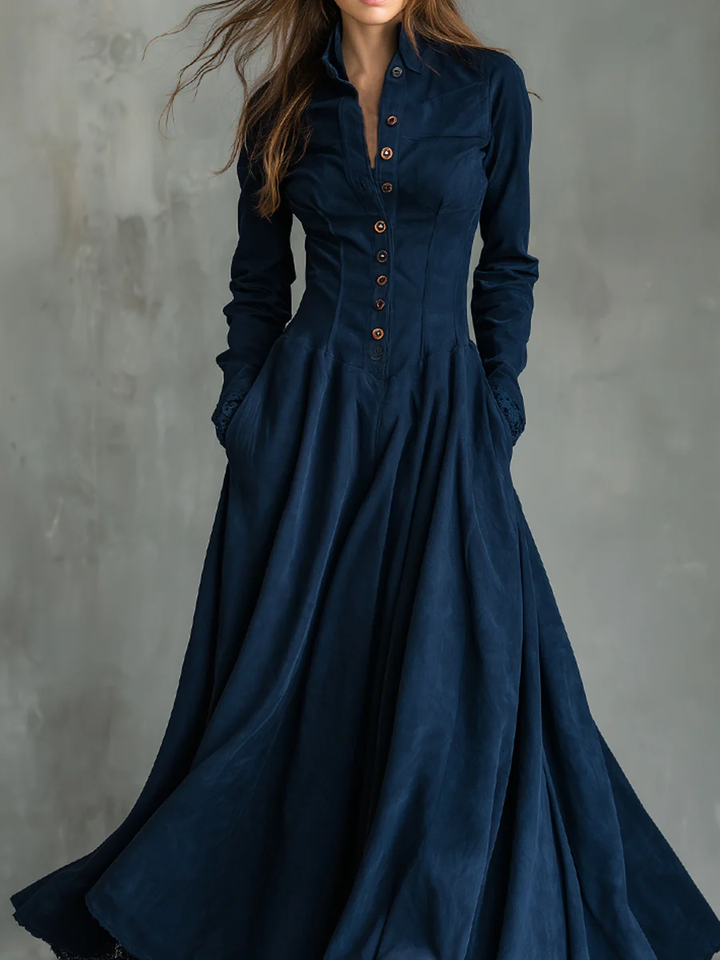 Gothic Dark Blue Faux Suede Lace-trimmed Shirt Collar Maxi Dress