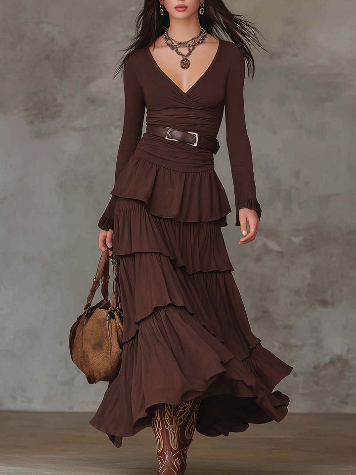 Brown Retro V-neck Multi-layered Ruffled Maxi Dress (With belt)