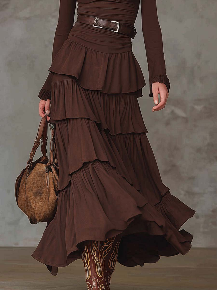 Brown Retro V-neck Multi-layered Ruffled Maxi Dress (With belt)